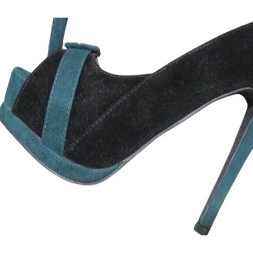Qupid Retro Black & Green Suede Leather Peep Toe Platform Heels with buckles